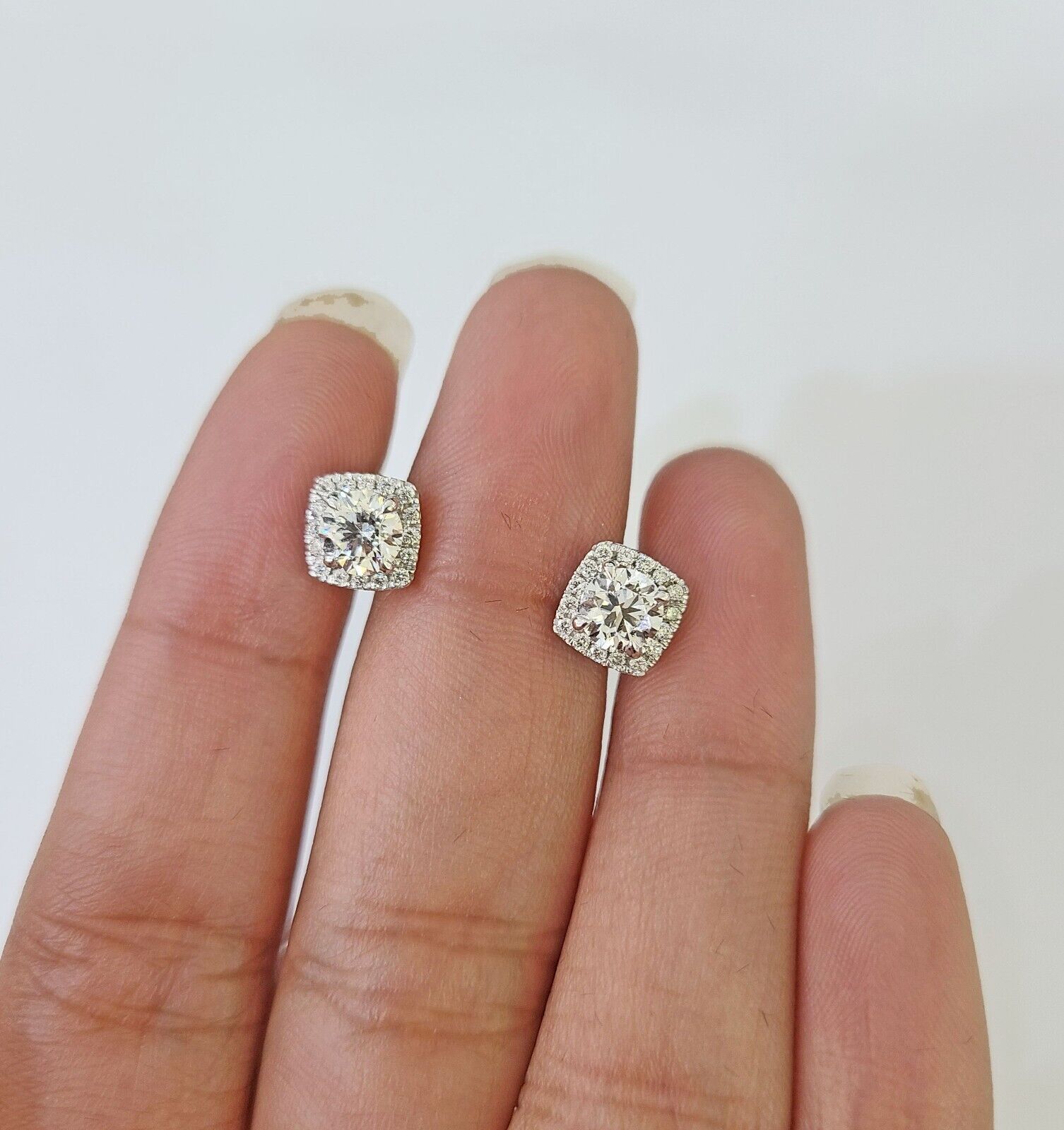 14k White gold Square Earrings Diamond screw - back Lab Created Women Men Studs - GoldenlinQ